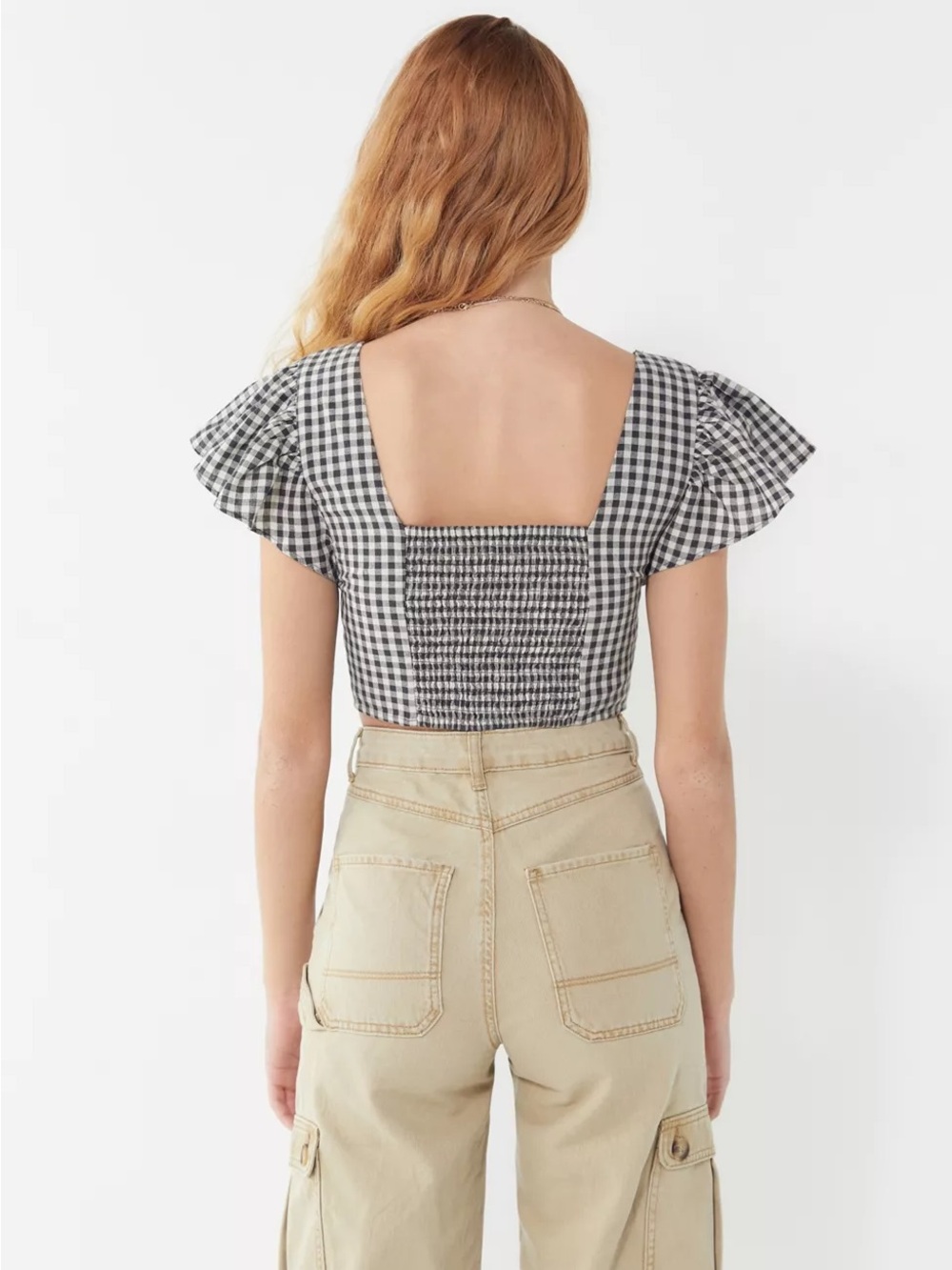 UO Rita Gingham Flutter Sleeve Cropped Top // XS - Picture 2 of 10
